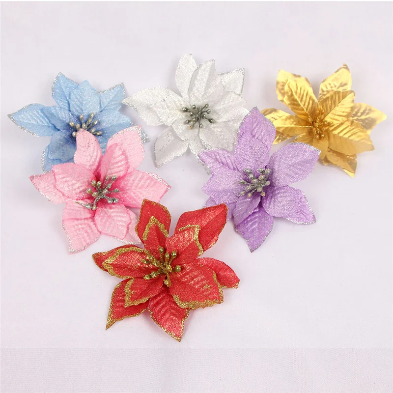 10pcs 13cm  Glitter Artifical Christmas Flowers Christmas Tree Decorations for Home Fake Flowers Xmas Ornaments New Year Decor