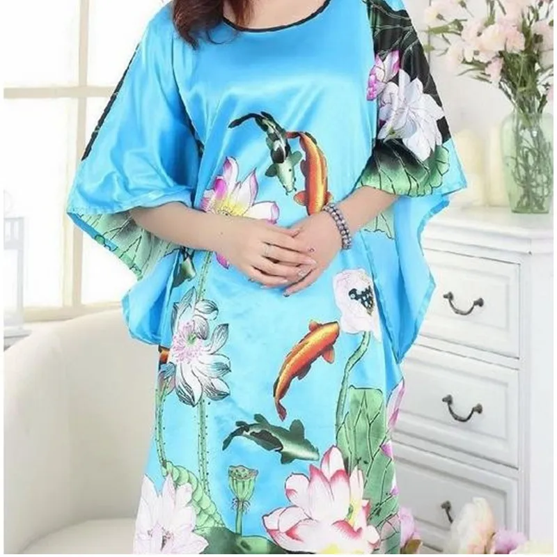 New Arrival Light Blue Female Silk Rayon Nightwear Summer Lounge Robe Dress Home Wear Kimono Bath Gown Flower One Size