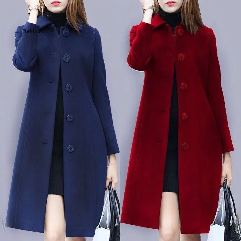 

Fashion Ladies Wool Coat New Autumn Winter Mid-Length Single-Breasted Slim Blended Woolen Overcoat Red Blue Black Women Jacket