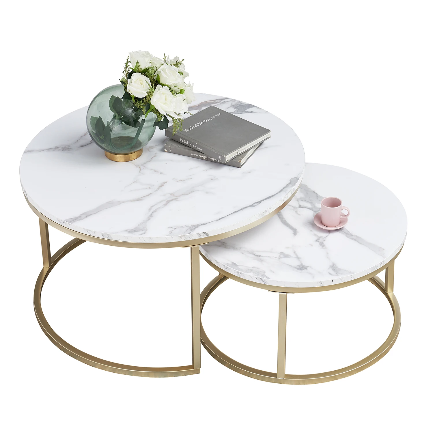 2 in 1 Marble Texture 80cm Coffee Table For Living Room Sofa Side Round Tea Desk Wooden Combination Home Furniture Metal Bracket