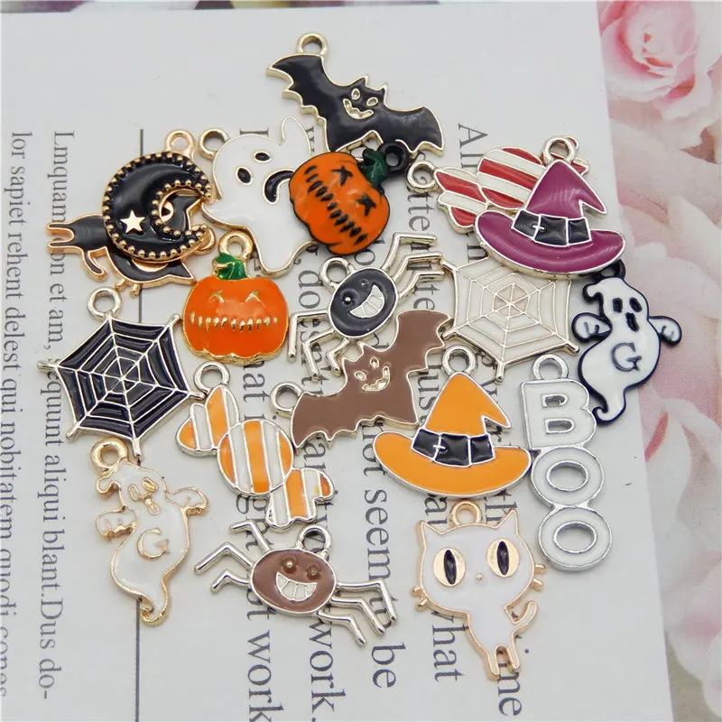 Julie Wang 19PCS Enamel Halloween Charms Mixed Candy Ghost Pumpkin Bat Spider Cat Hat Boo Alloy Pendant Jewelry Making Accessory