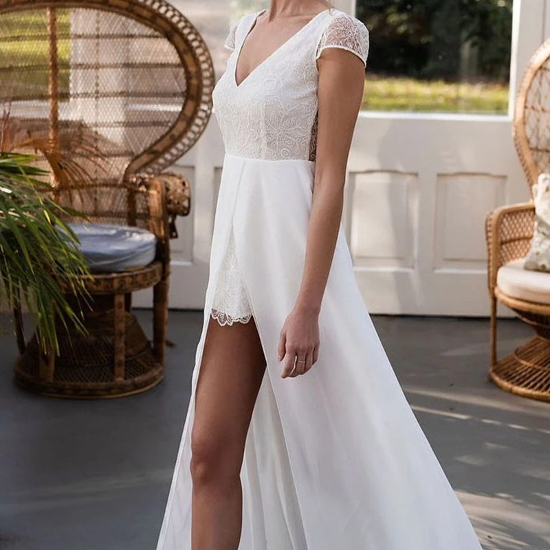 Abito da sposa da spiaggia in Chiffon semplice davanti corto lungo posteriore manica corta scollo a v abiti da sposa lunghezza del pavimento a buon mercato bohemien rustico