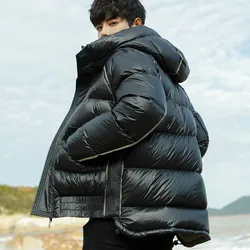 Mens Down Jacket New Winter Glossy Hooded Casual Youth Thickened Warm and Trendy White Duck Down