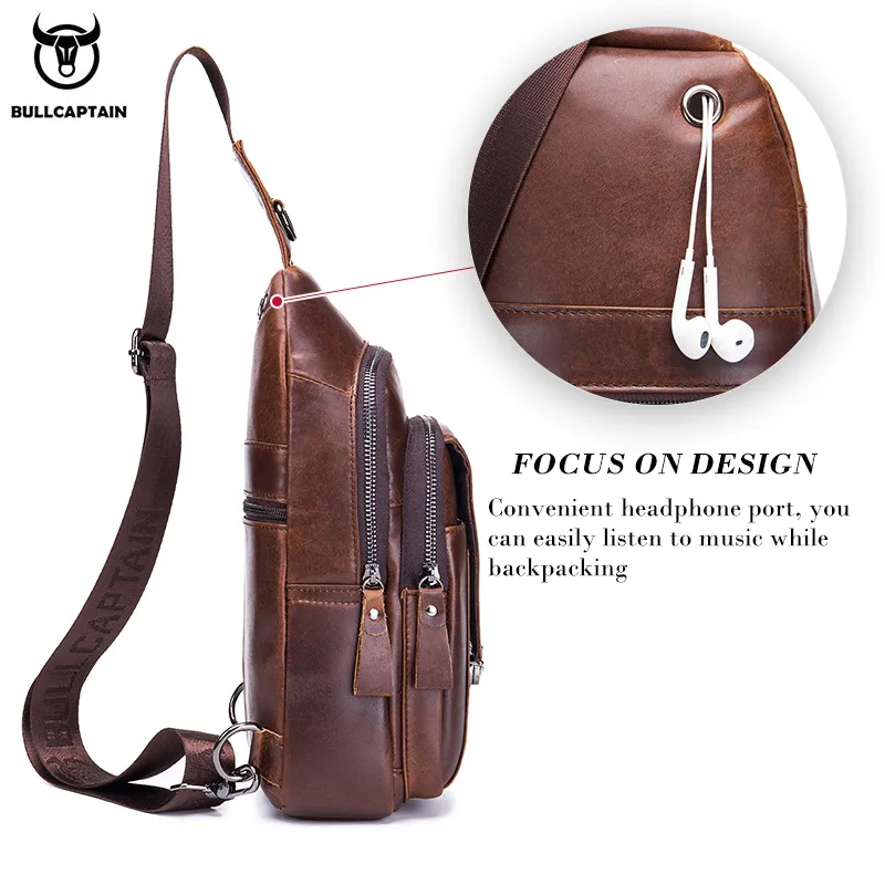 BULLCAPTAIN-Bolso de pecho de cuero genuino para hombre, bandolera multifuncional para teléfono móvil, a la moda