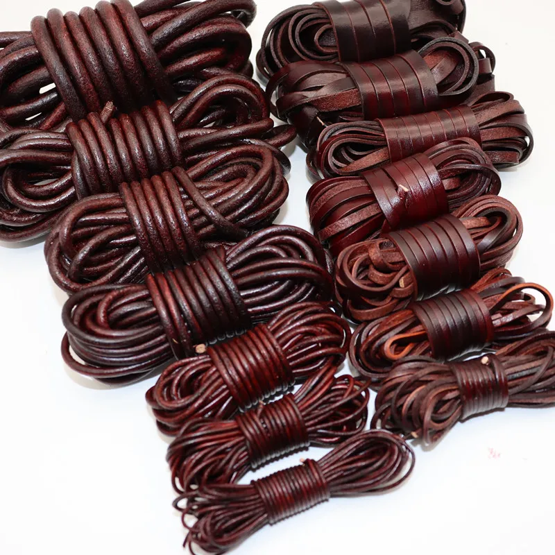 2 3 4 5 6 8 mm Retro Brown Flat Round Genuine Cow Leather Cord Bracelet Necklace Findings Leather Rope String DIY Jewelry Making