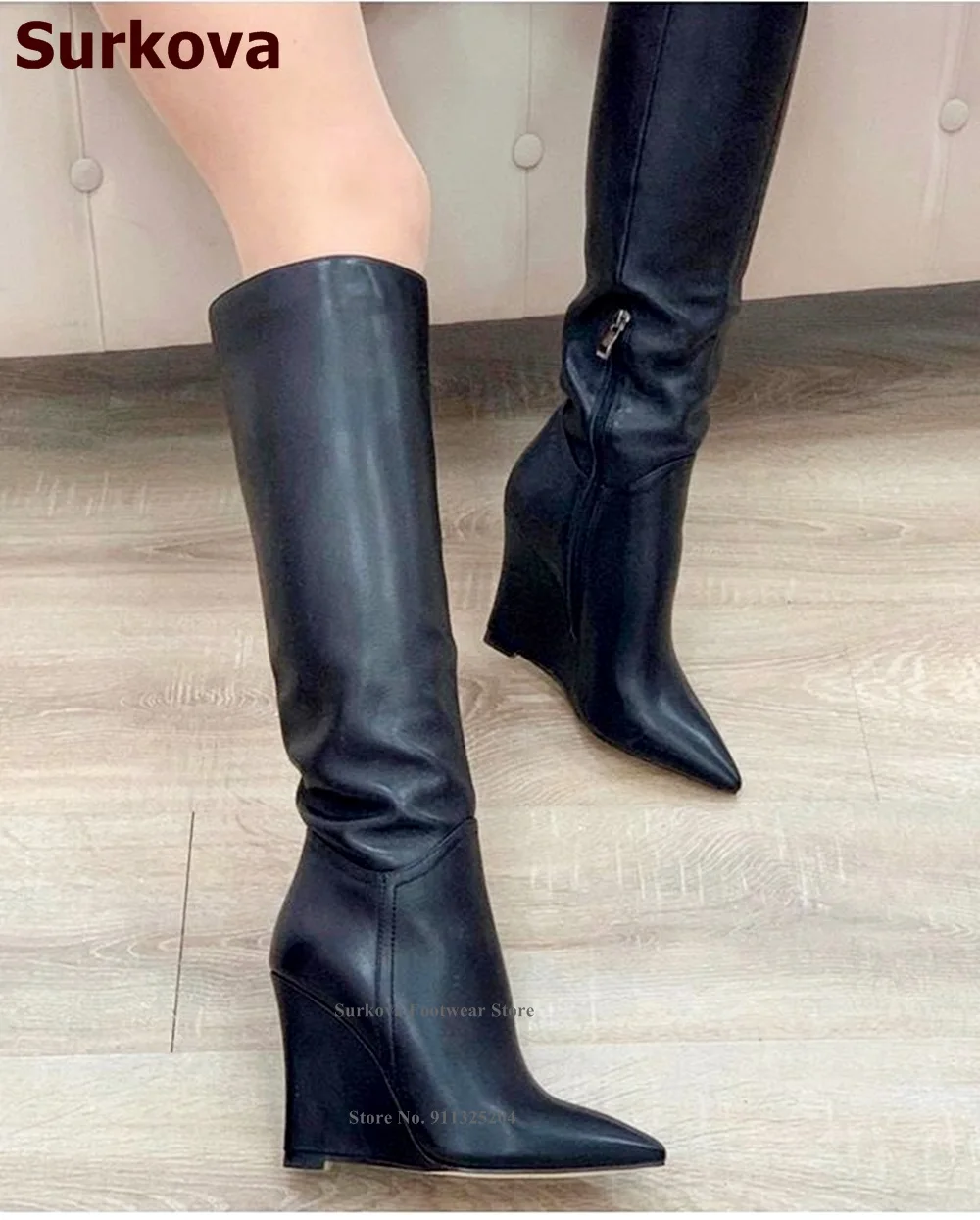 

Surkova Black Nude Matte Wedged Heel Knee Boots Pointed Toe Zipped Fall Winter Dress Shoes Slim Fit Outdoor Footwear Size46