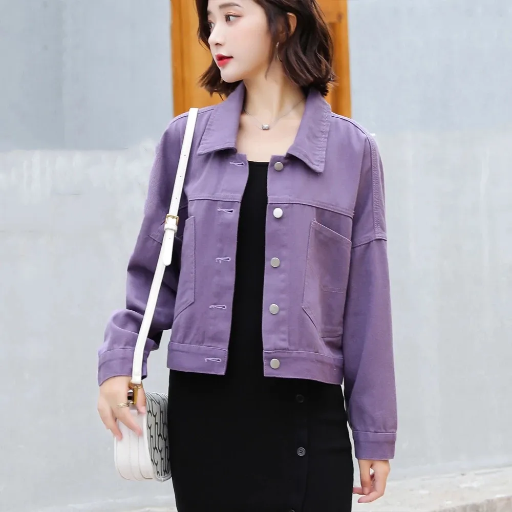 

Women Jean Jacket Denim Coat Outerwear Big Pockets Lady Jeans Jackets Female Purple Basic Casual Ladies Autumn Outer Coats