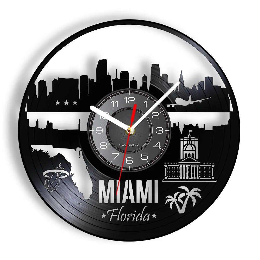 Miami Florida Landscape Vinyl Record Wall Clock MIA Port Travelling Home Decor Skyline USA Cityscape Vinyl LP Album Office Decor