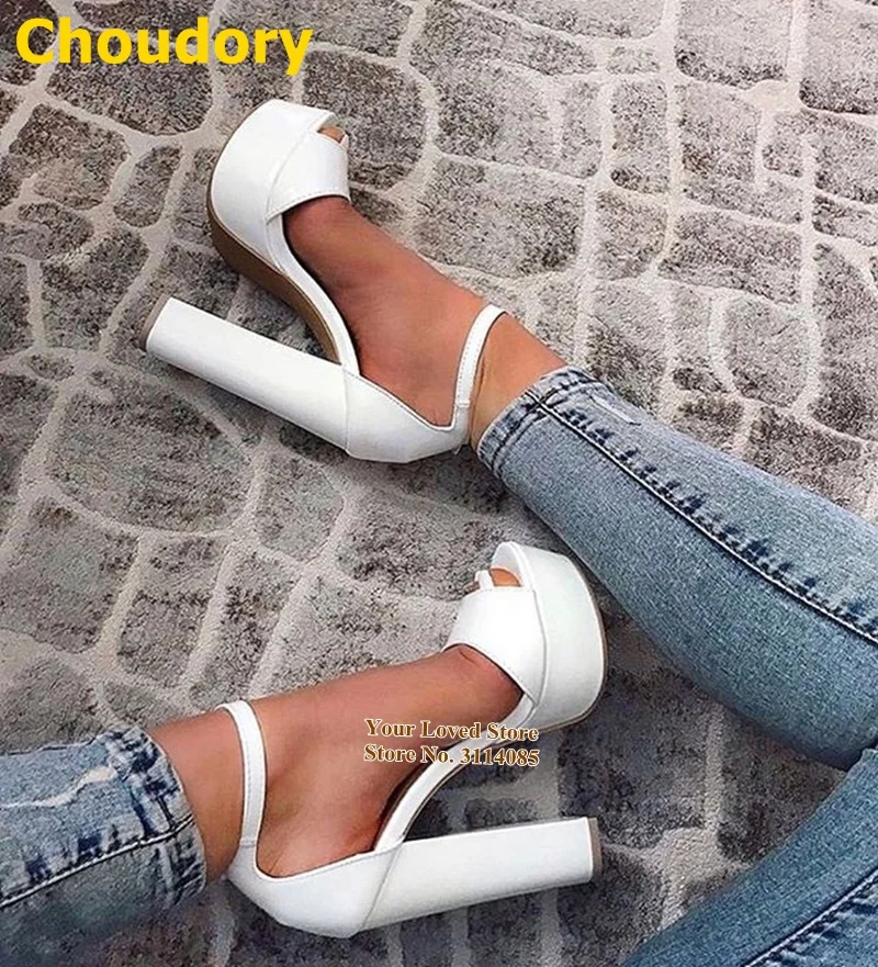 Choudory White Matte Leather Chunky Heel Platform Sandals Buckle Strap Open Toe Summer Gladiator Dress Shoes Size47 Women Pumps