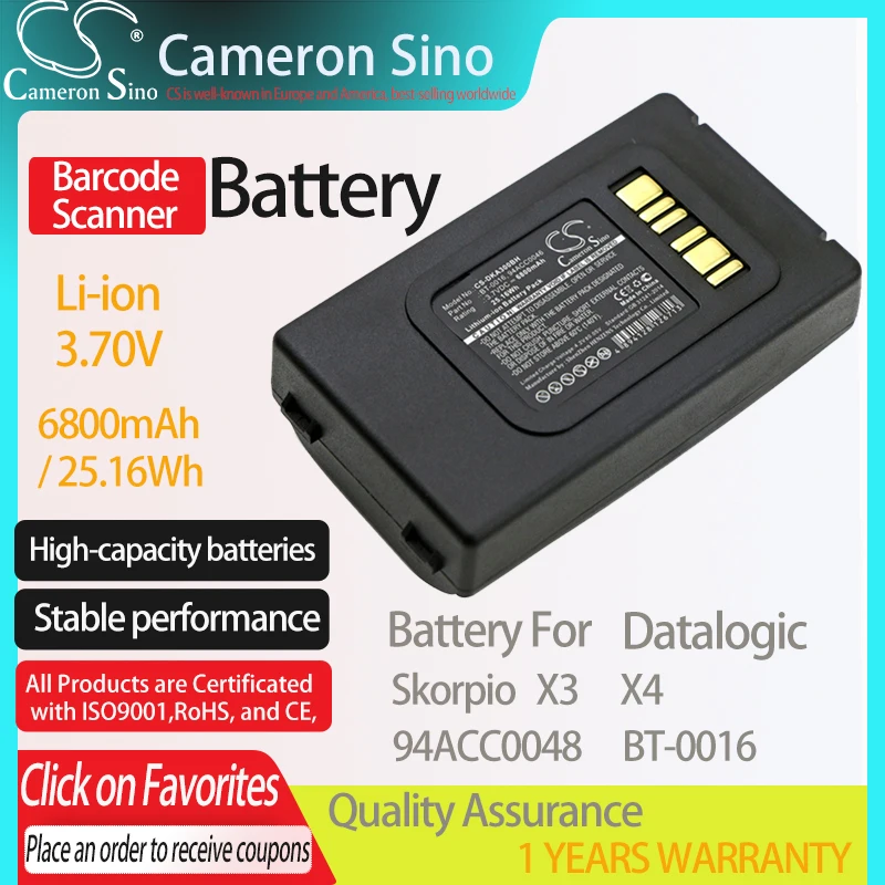 CameronSino แบตเตอรี่สำหรับ Datalogic Skorpio X3 X4เหมาะกับ Datalogic 94ACC0046 BT-0016 94ACC0048 Barcode Scanner แบตเตอรี่6800MAh 3.70V