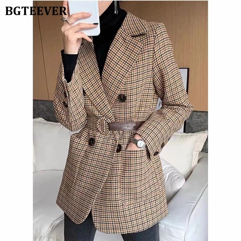 

BGTEEVER Vintage Double Breasted Women Houndstooth Plaid Suit Blazer 2021 Spring Full Sleeve Sashes Belted Female Blazer Outwear