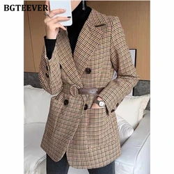 BGTEEVER Vintage Double Breasted Women Houndstooth Plaid Suit Blazer 2021 Spring Full Sleeve Sashes Belted Female Blazer Outwear