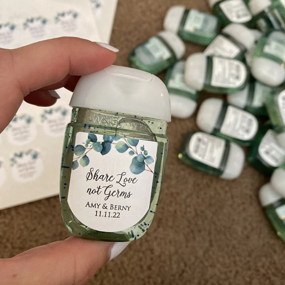 Hand Sanitizer Labels - Share Love Not Germs Eucalyptus Branch Wedding Favor Stickers Greenery Wedding Stickers Sanitizer Labels