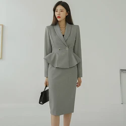 Moda coreana retrò donna temperamento pied de poule doppio petto giacca cappotto abito Blazer gonna a vita alta femminile Set 2 pezzi