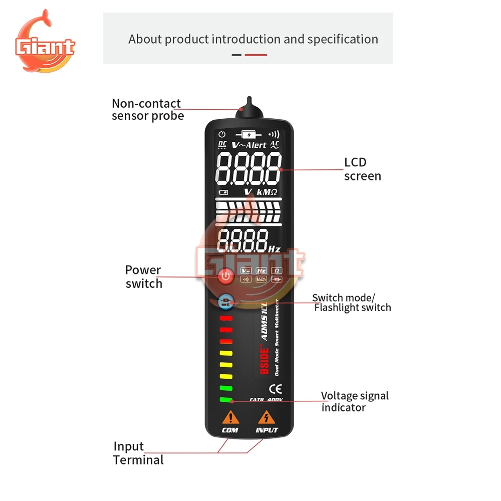 ADMS1CL Dual-mode Digital Multimeter Smart DC AC Voltmeter Voltage Indicator Ohm Hz NCV Detector Hidden Wire Tester LCD Display