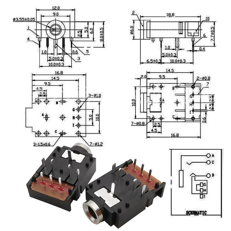 PJ-307 3.5mm Female Stereo Audio Jack Socket Connector 8 Pin 3.5mm Dual Channel Headphone Jack Connector Wth Switch PJ307