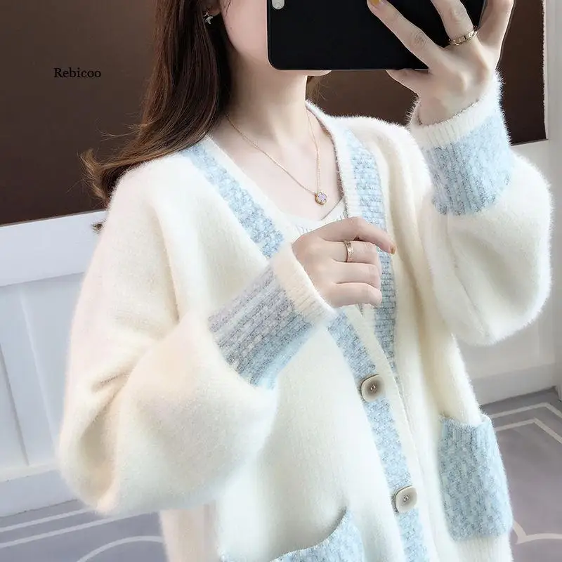 

New Spring Autumn England Style Imitation Water Velvet Outwear Women Loose Paragraph Mink Sweater Coat Cardigan Solid