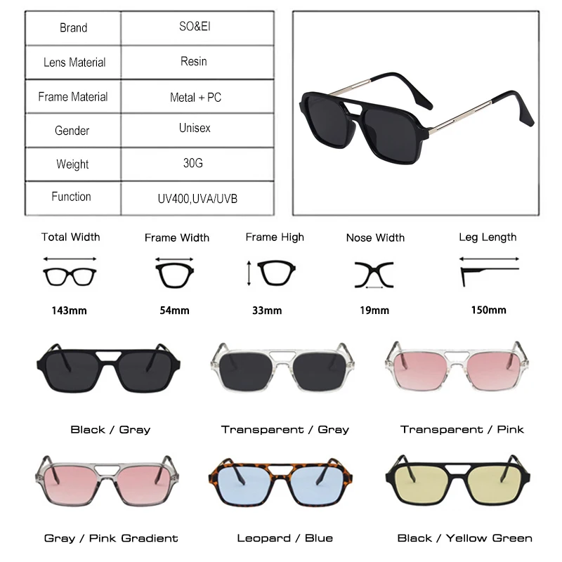 SO&EI Retro Double Bridges Women Sunglasses Fashion Pink Gradient Eyewear Trending Hollow Leopard Blue Sun Glasses Men Shades