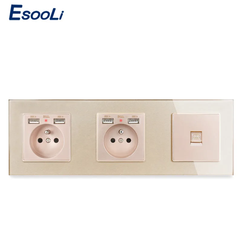 ESOOLI Tempered Glass Panel Double French Standard Wall Power Socket with 4 USB Charging Port + RJ11 Telephone Connector