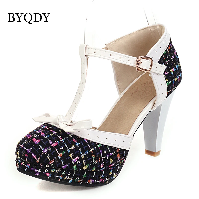 Byqdy Mode Spike Hak Vrouwen Pompen T-Strap Ronde Neus Platform Schoenen Vrouwelijke Gesp Strik Party Pompen Voor vriendinnen