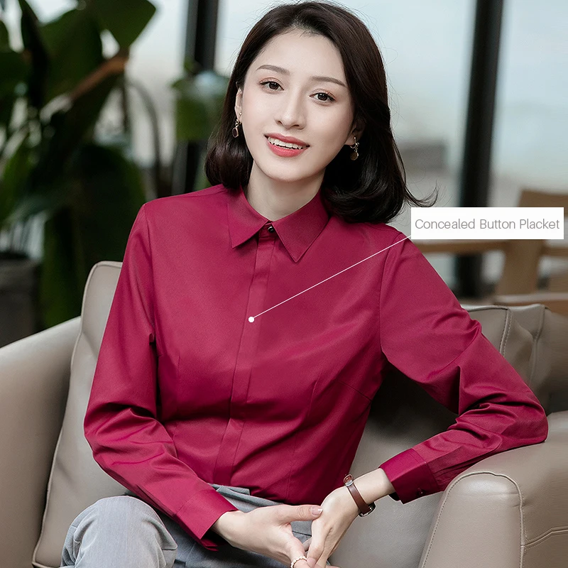 Women Basic Long sleeve Concealed Button Placket Dress Shirts Ladies Office Formal Slim-fit Blouses Tops Blusa Social Work Shirt