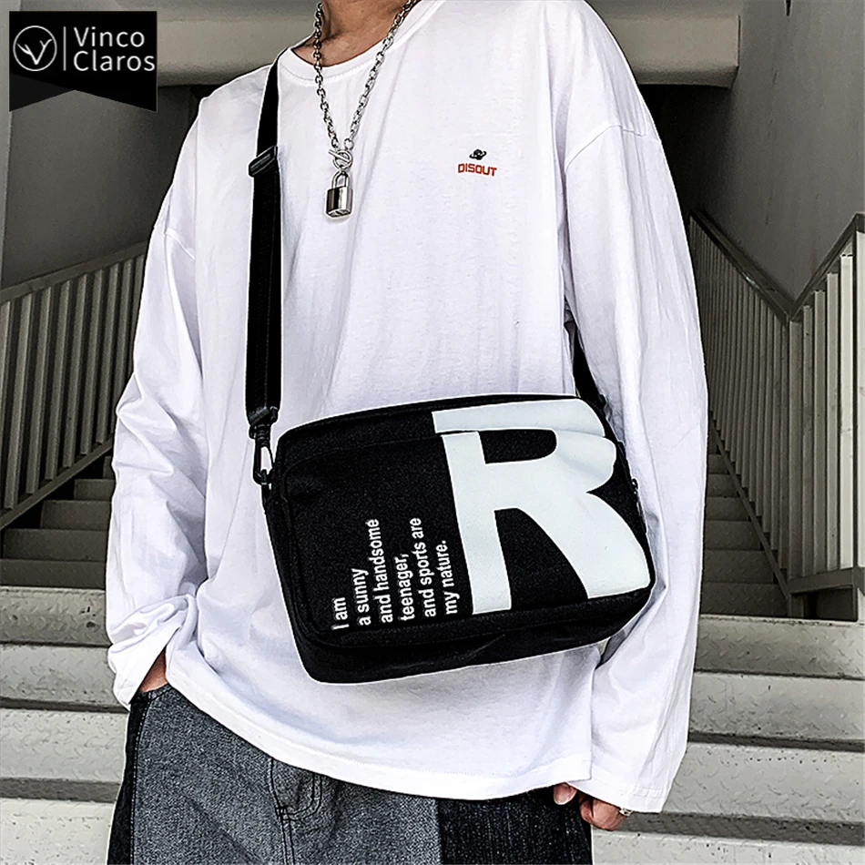 Men's Waterproof Canvas Shoulder Bag Hip Hop Streetwear Black Crossbody Bags for Men Trend Preppy Look Sling Messager Bag Unisex