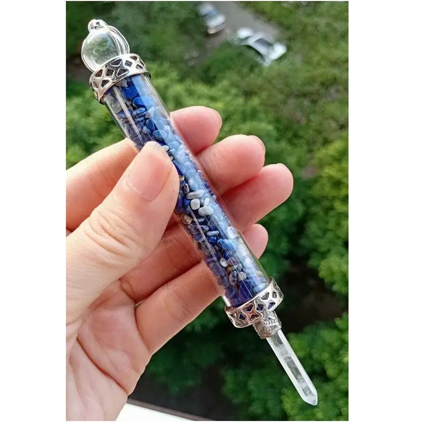 

KFT Natural Healing Crystal Quartz Tourmaline Lapis Lazuli Long Pillar Wishing Bottle Reiki Stone Pendulum Pendant Jewelry