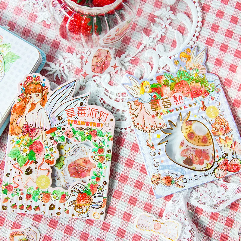 40 pcs/bag strawberry party Journal Decorative Gold Stickers Scrapbooking diy Stick Label Diary Stationery Album Stickers