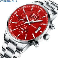 Relojes de pulsera CRRJU de cuarzo para hombre, relojes cronógrafo deportivos de marca de lujo con manecillas luminosas de acero inoxidable 316, reloj masculino rojo