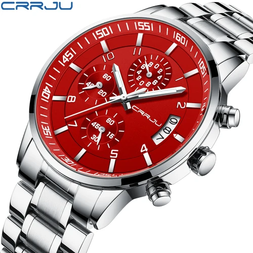 Relojes de pulsera CRRJU de cuarzo para hombre, relojes cronógrafo deportivos de marca de lujo con manecillas luminosas de acero inoxidable 316, reloj masculino rojo
