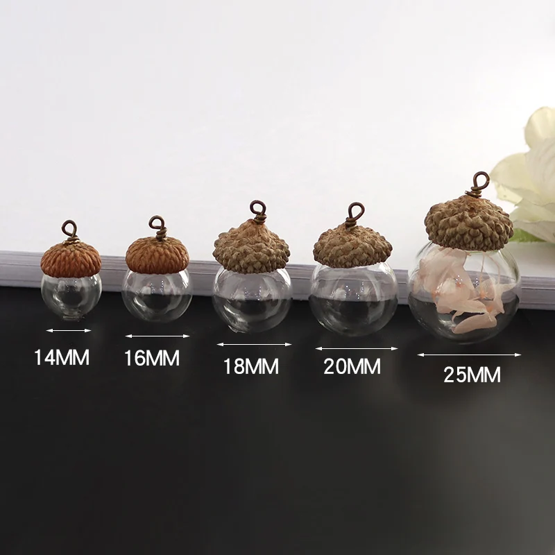 4PCS 12/14/16/18/20/25MM DIY Glass Vial With Natural Acorn Caps Wishing Bottles Pendants Jewelry Accessory