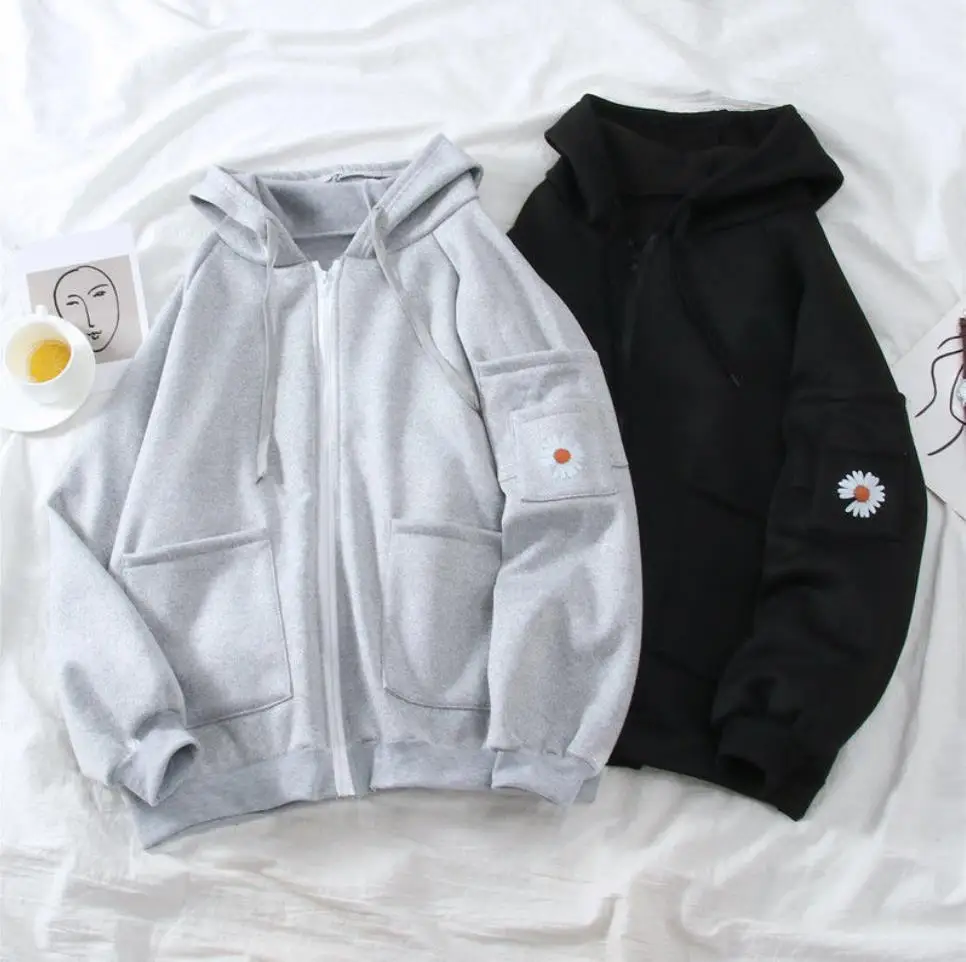 

2021 Little Daisy Pullovers Hoodies Women Gray/Black Zip Up Sweatshirt Summer Jacket Oversize Clothes Vintage Pockets Tops