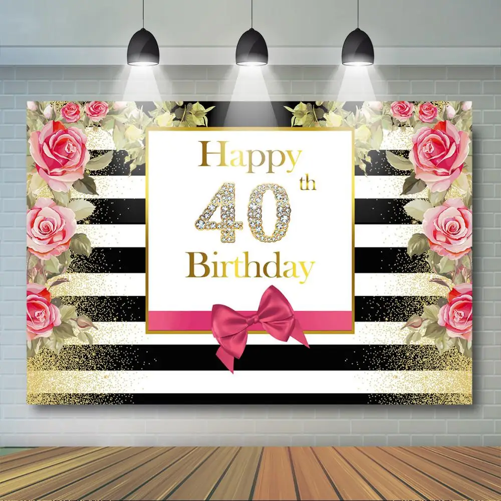 

Happy 40th Birthday Backdrop Red Rose and Bow Black White Striped Background Women 40th Birthday Banner Party Decor Supplies