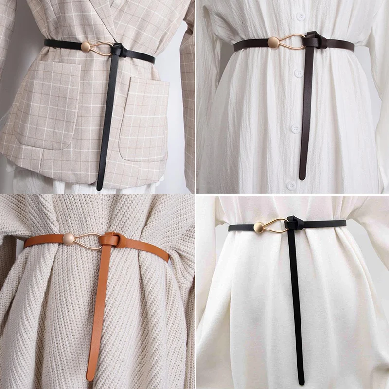 New Thin Leather Belt Female White Black Bow Leisure Belts for Women Loop Strap Belts Knotted Dress Coat Waistband Accessories