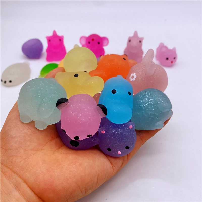 10Pcs New Design Glitter Squishy Animal TPR Soft Mochi Anima for Kid Mini Stress Relief Toy Favor Birthday Gift Bling Prize