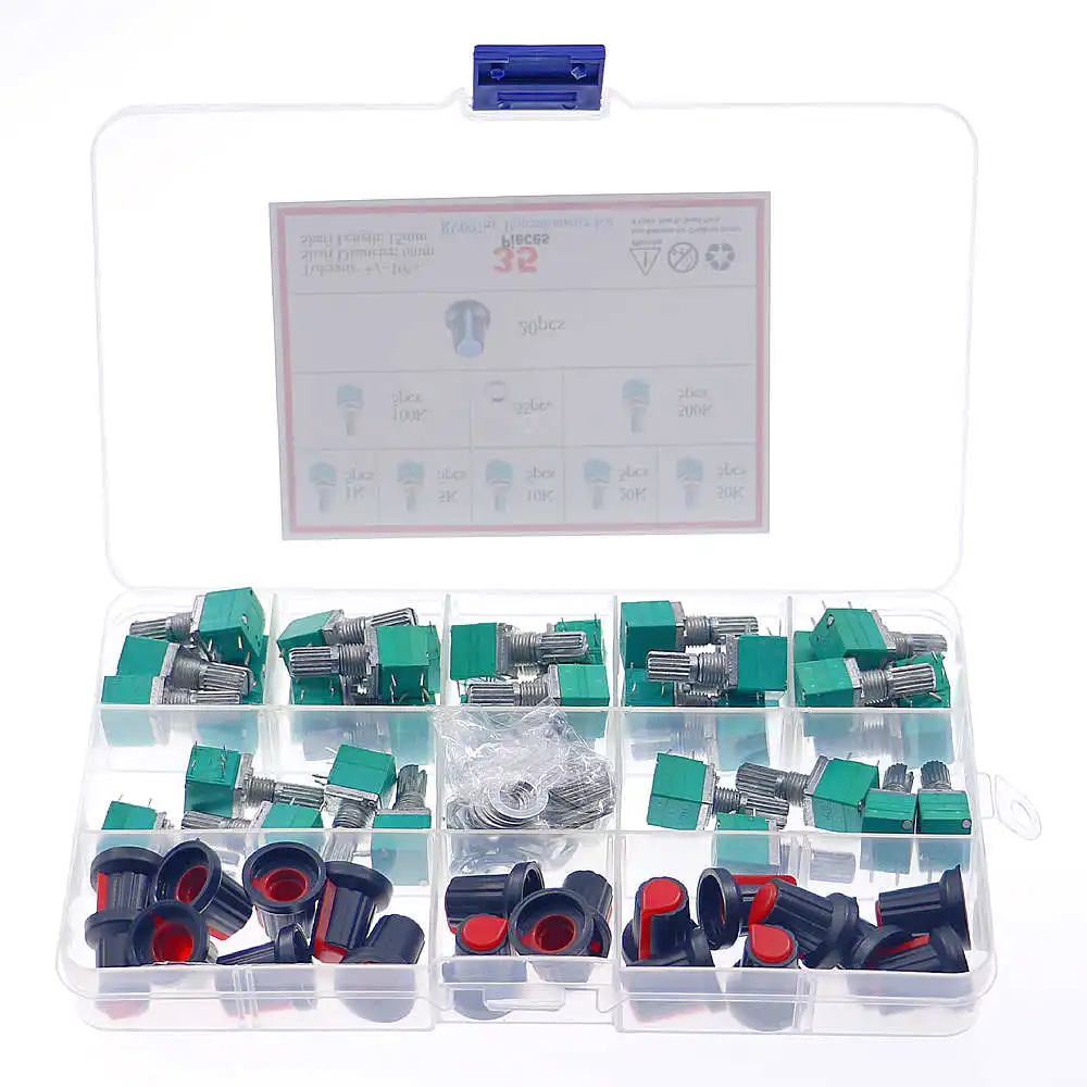 35pcs 5Pin single linked potentiometer with switch audio sealing potentiometer kit set 1K/5K/10K/50K/100K/500K with knob Box