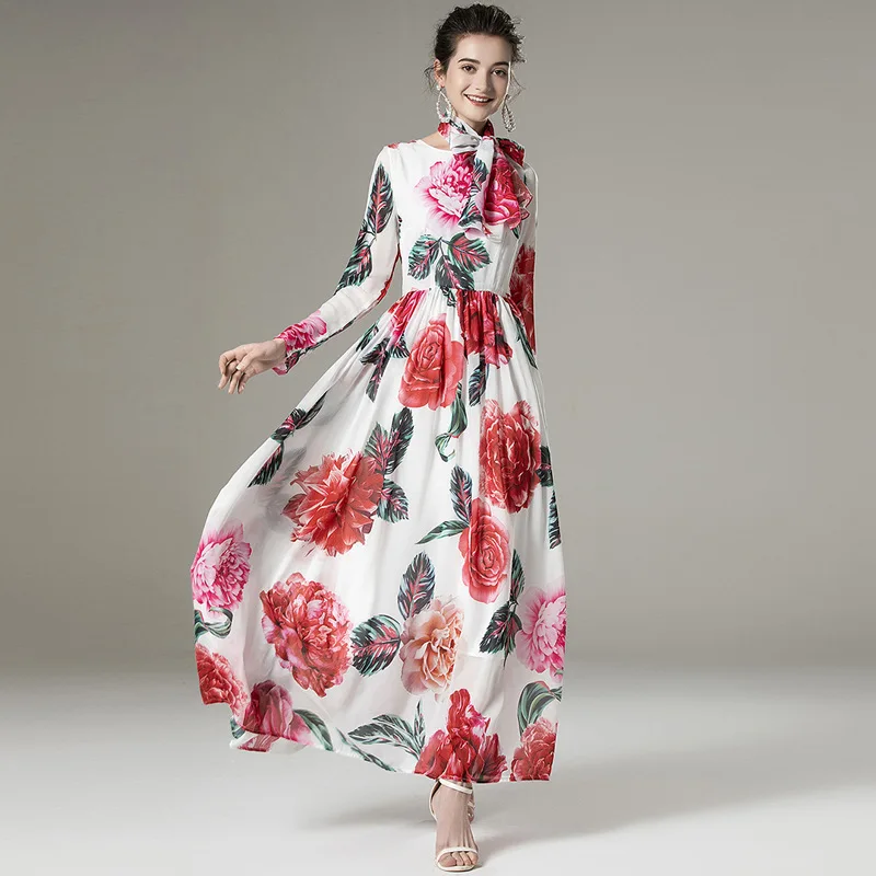 

White Chiffon Print Red Rose Floral Silk Dresses Women Fashion 2021 Summer Long Casual Sexy Office Work Daily Dress Plus Size