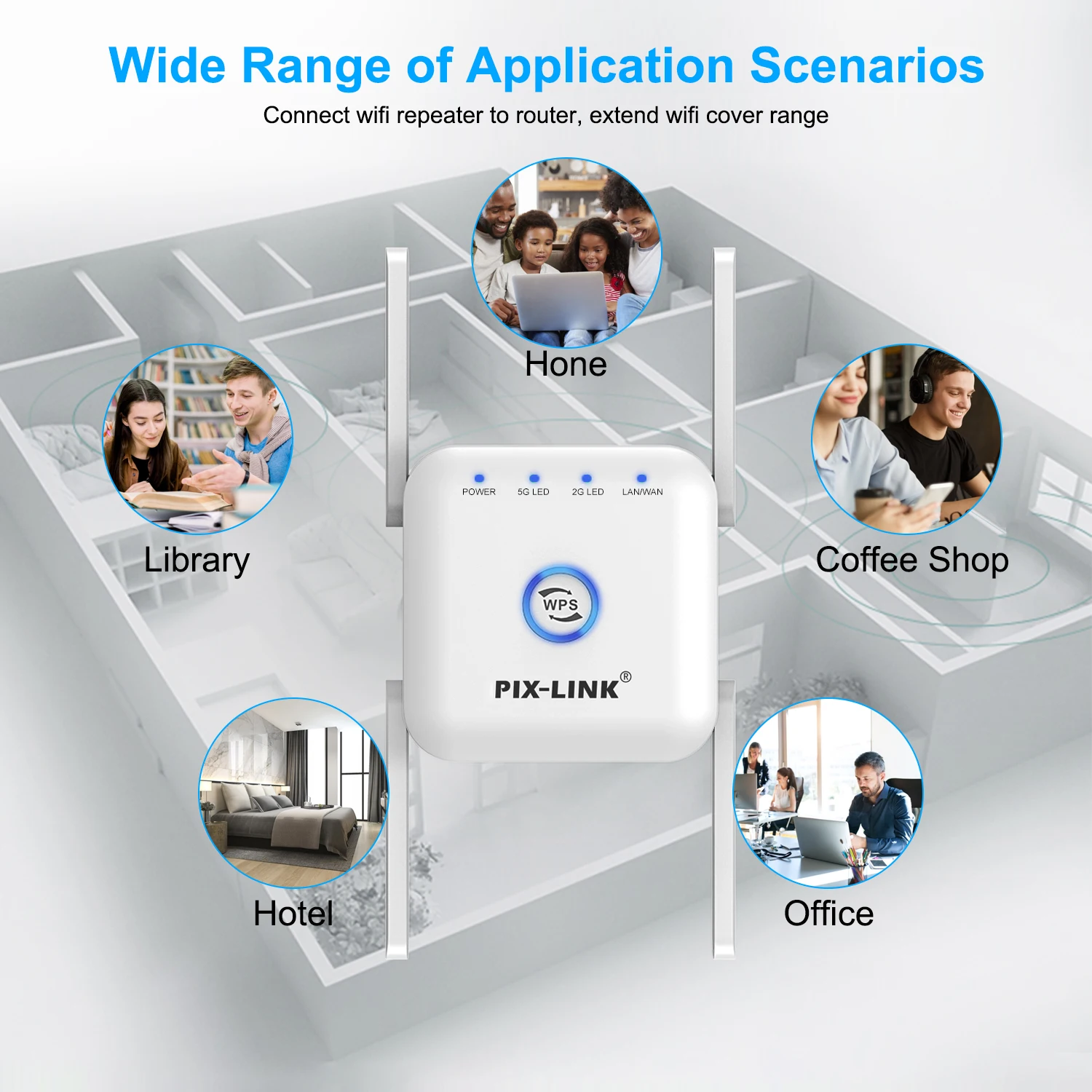 PIXLINK 5G WiFi Repeater WiFi Amplifier 5Ghz Long Range Extender 1200M Wireless Booster Home Wi-Fi Internet Signal Amplifier