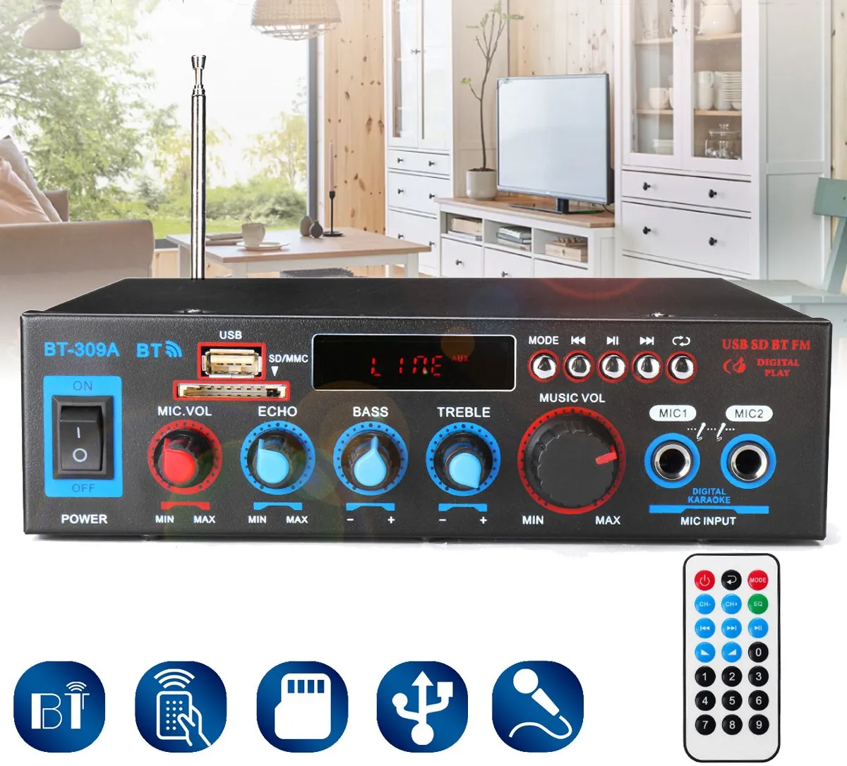 AMPLIFICADOR DE POTENCIA para cine en casa, dispositivo Digital de 800W, 220V, HIFI, Bluetooth, Subwoofer, entrada AUX, USB, SD