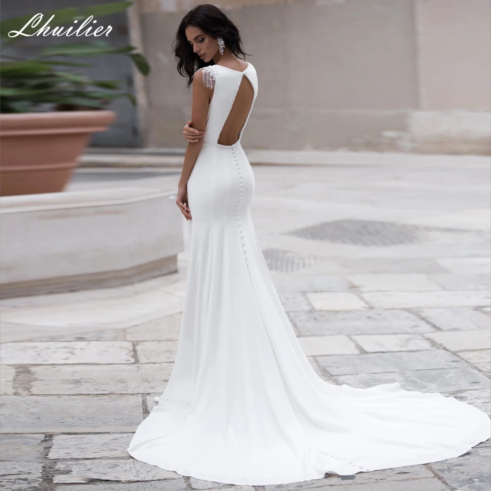 

Lhuilier Customized Scoop Neck Mermaid Satin Wedding Dresses Sleeveless Floor Length Peals Beaded Bridal Dress with Open Back