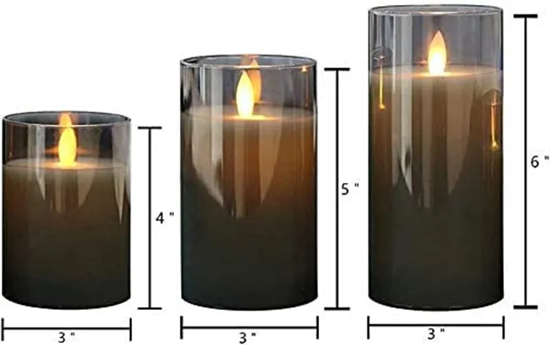 Set of 3 LED Flickering Battery Operated Candles 10 Key Remote Controlled Paraffin Wax Moving Wick Pillar Glass Candle set-Gray