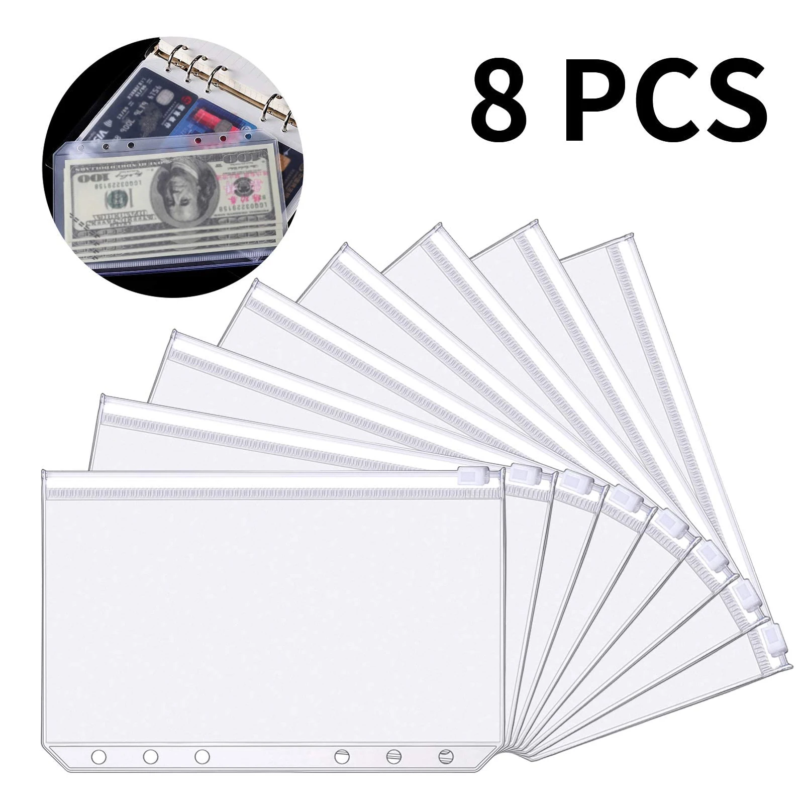 8 Pack A6 Size 6 Holes Binder Pockets Plastic Binder Zipper Folders Waterproof  Loose Leaf Bags for Documents Notebooks Cards