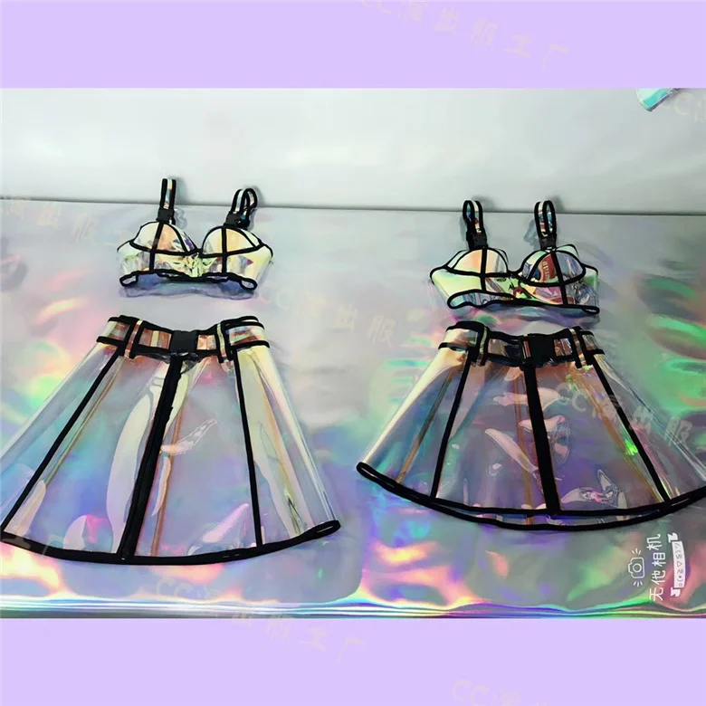 Conjunto de sujetador con holograma láser y falda para mujer, disfraces sexys para fiesta, Festival de Música, club nocturno, inicio automático, espectáculo Harajuku