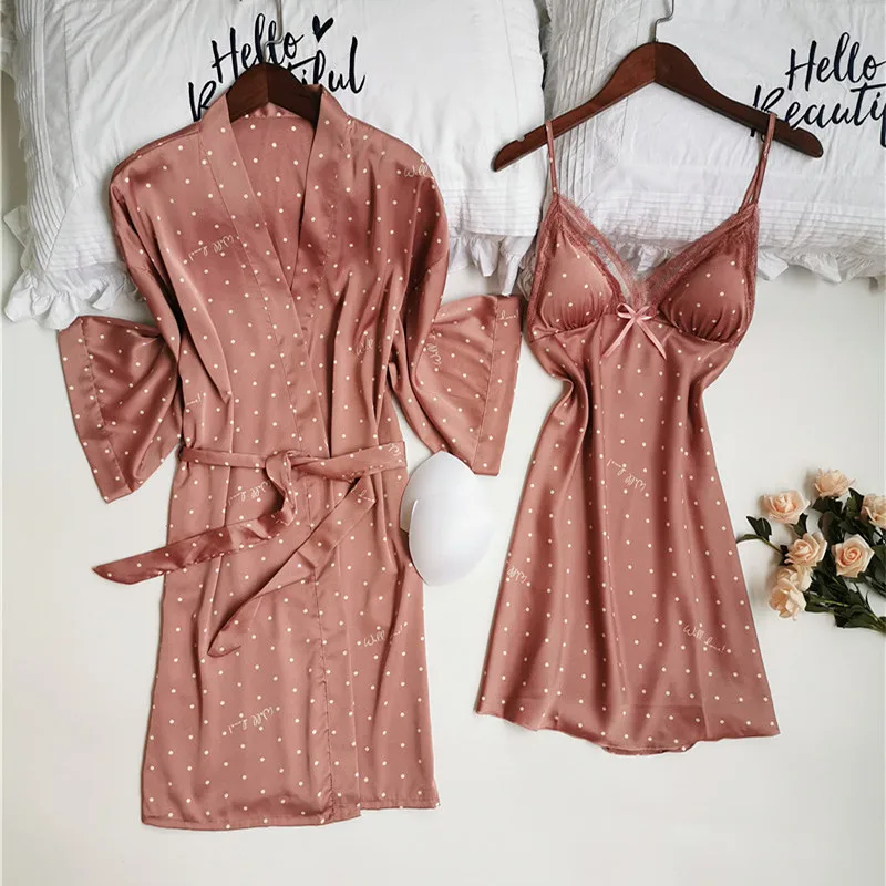 Polka Dot Female Robe Set Summer Sexy Strap Chest Pad Nightdress Cardigan Twinset Nightwear