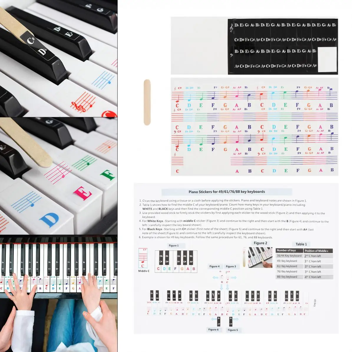 

25 /49 / 54 / 61 /76/ 88 Color Transparent Piano Keyboard Stickers Electronic Keyboard Key Piano Stave Note Sticker Symbol