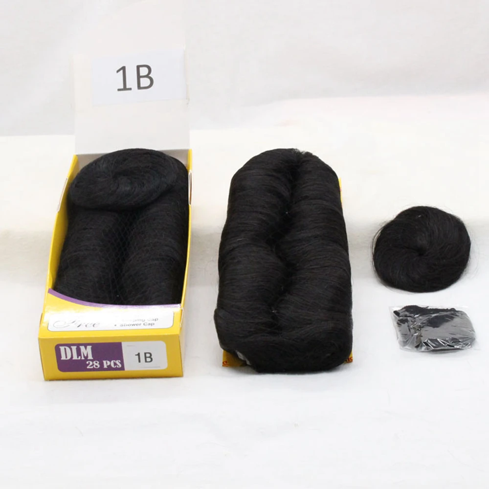 DLME-extensiones de cabello virgen brasileño, pelo corto tejido con cierre y gorro, 27 piezas, 1B #