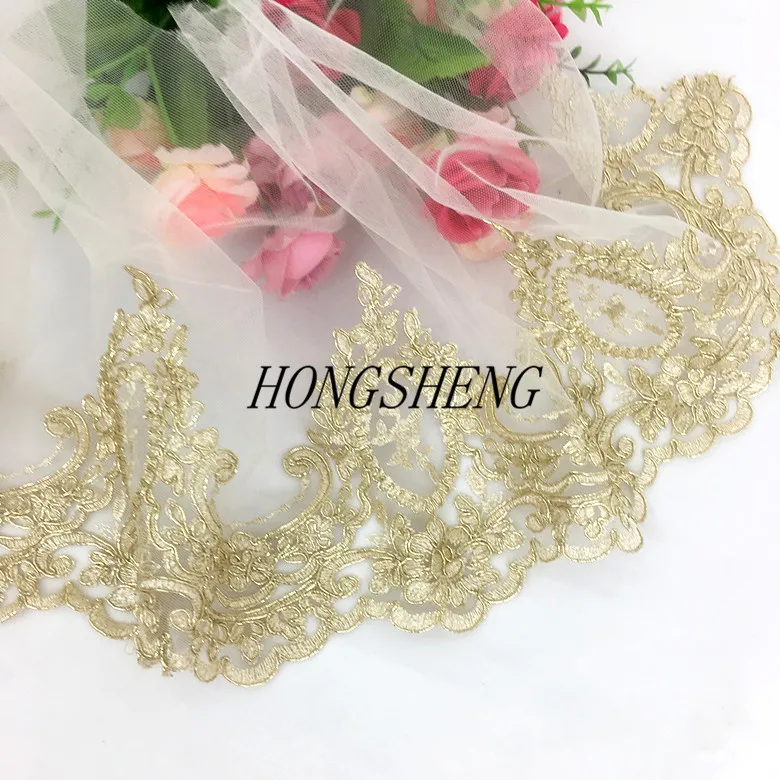 1Yard Light Gold Cord Embroidery Lace Trim for Bridal Wedding Gown Costume Design Lace Mesh 16CM