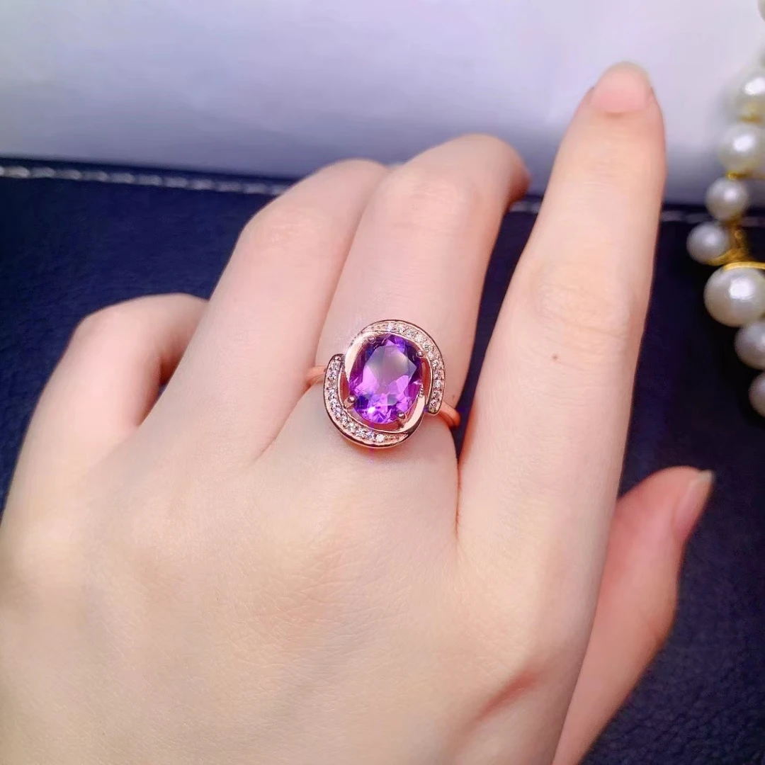 Exquisite Jewelry 925 Sterling Silver Inset With Gemstone Women's Luxury Vintage Amethyst Adjustable Ring Support Detection