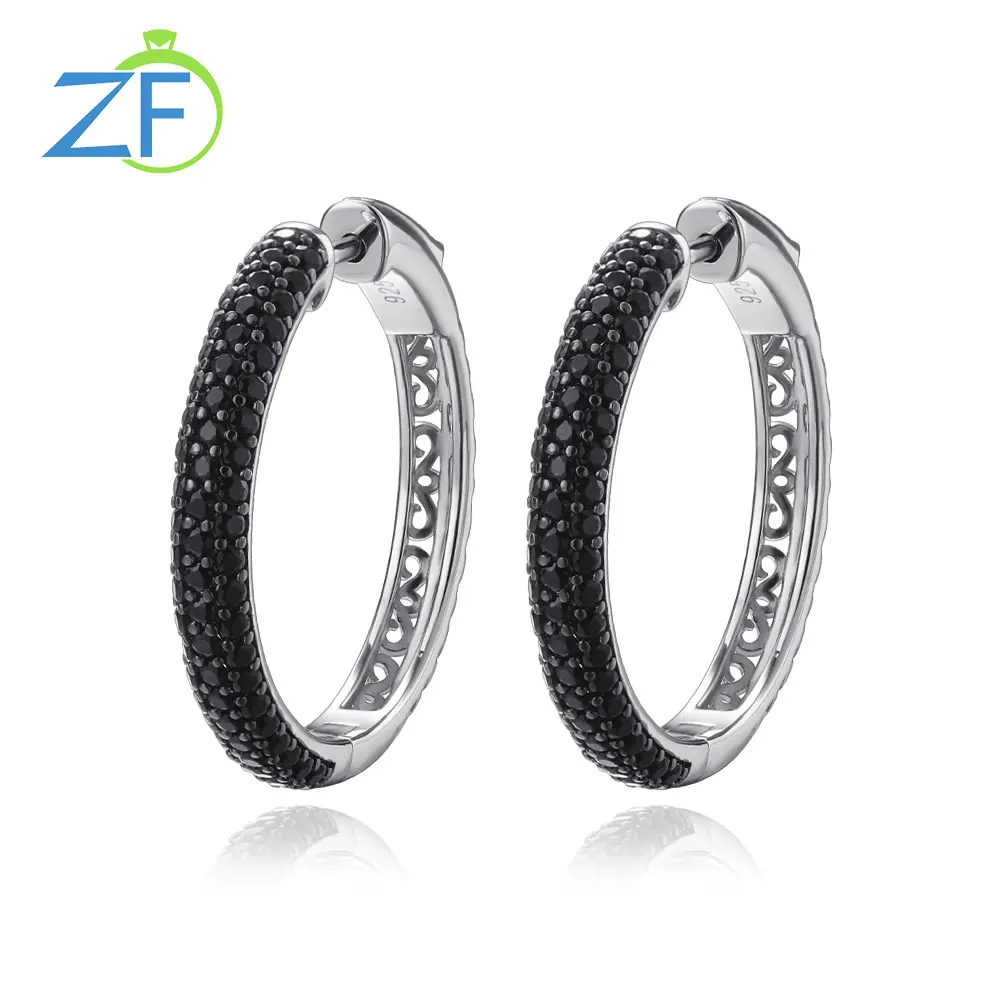 

GZ ZONGFA Authentic 925 Sterling Silver Hoop Earrings for women Natural Black Spinel Rhodium Plated Black Earring Fine Jewelry