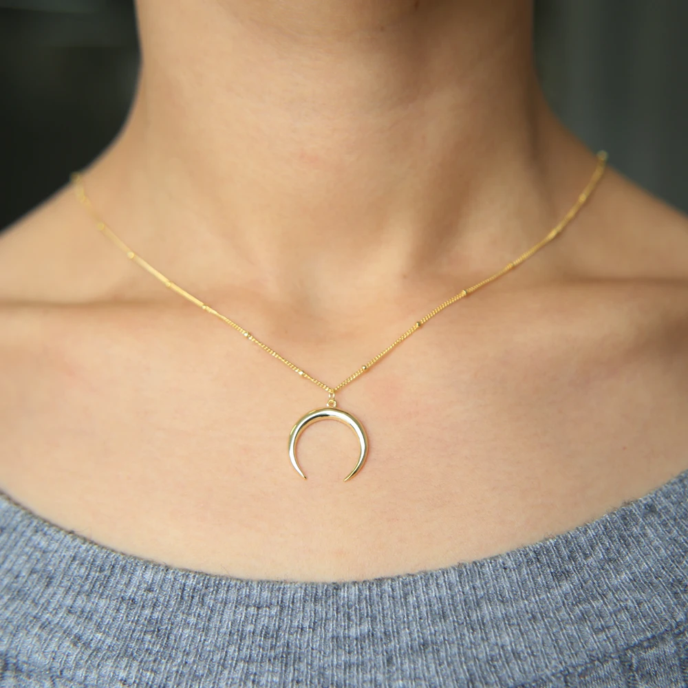 high polished shinny 100% 925 sterling silver crescent moon delicate moon gold color moon pendant women silver chian necklace